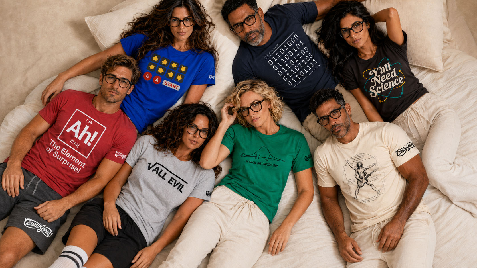 Casual Genius models relaxing in their smart tees