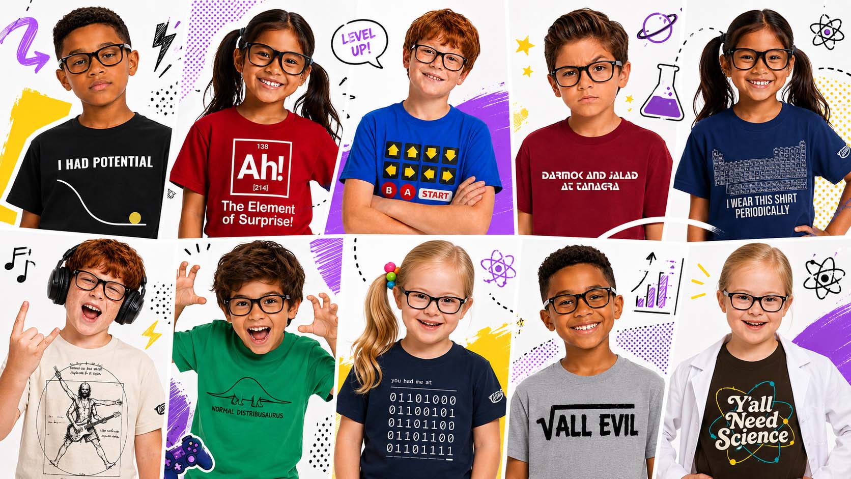 Pictures of kids wearing Casual Genius shirts with colorful and funky background imagery