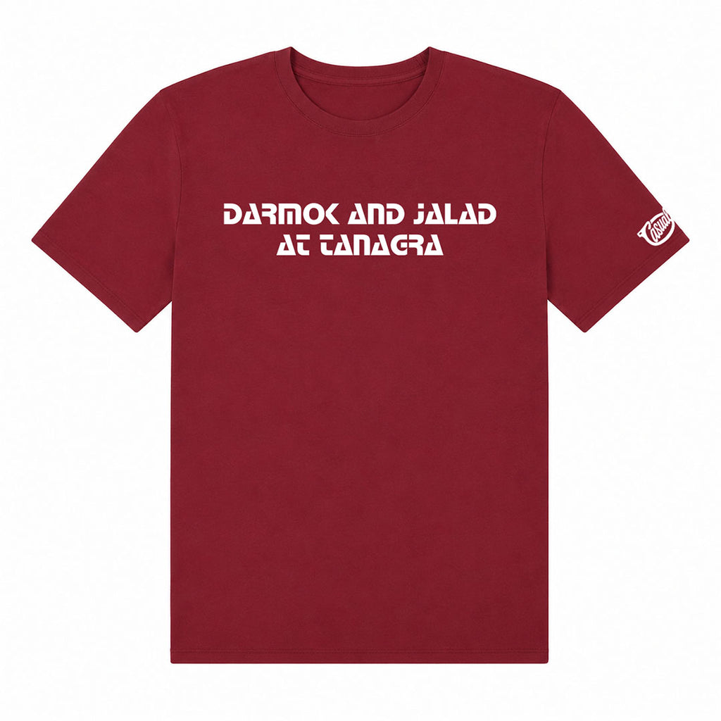 Red t-shirt with white text on a white background