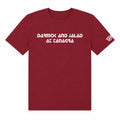 Red t-shirt with white text on a white background