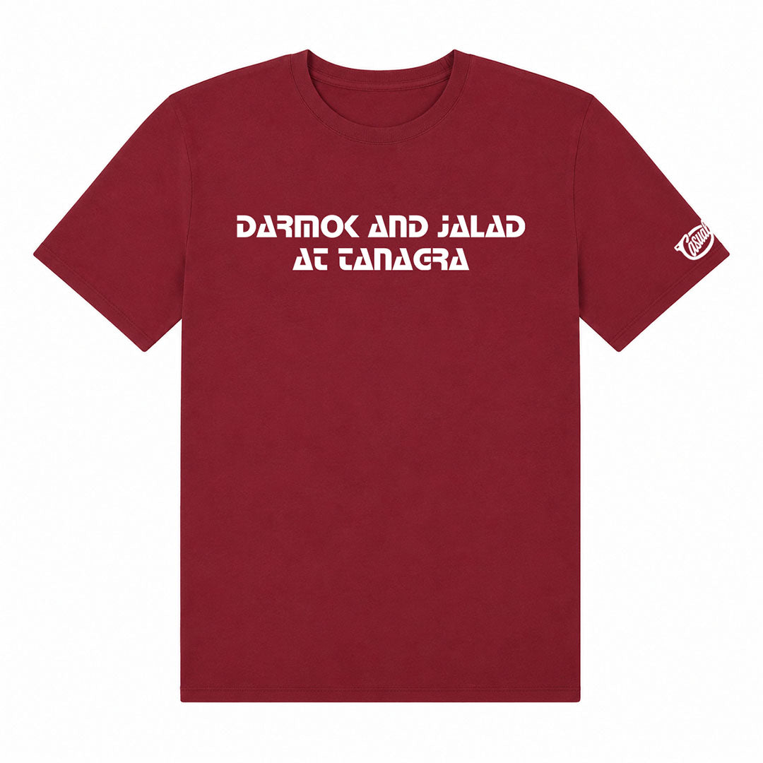 Red t-shirt with white text on a white background