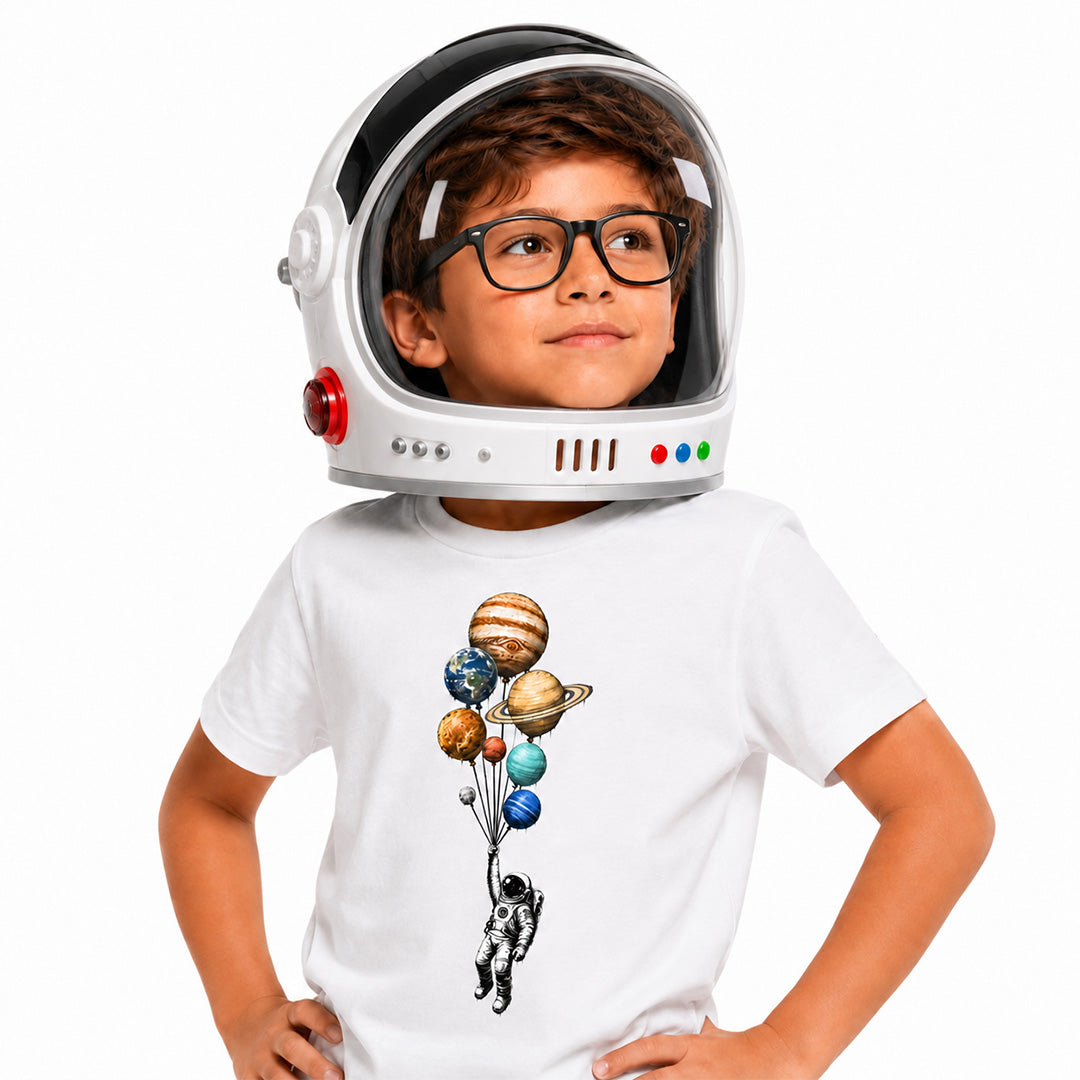 A child wearing a white astronaut helmet and a white graphic T-shirt with a space-themed balloon print, posed against a plain white background.
