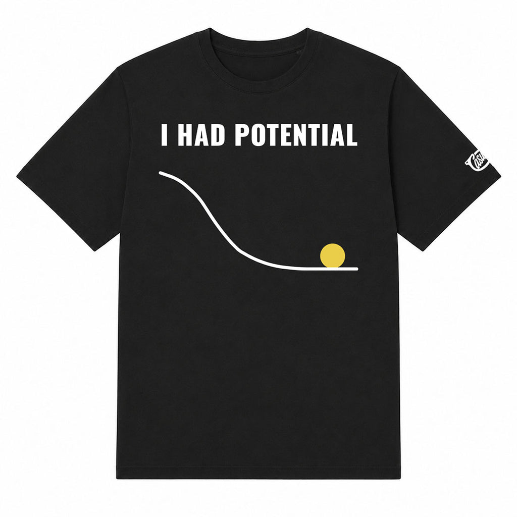 Black t-shirt with 'I Had Potential' graphic and a small logo on sleeve against a white background