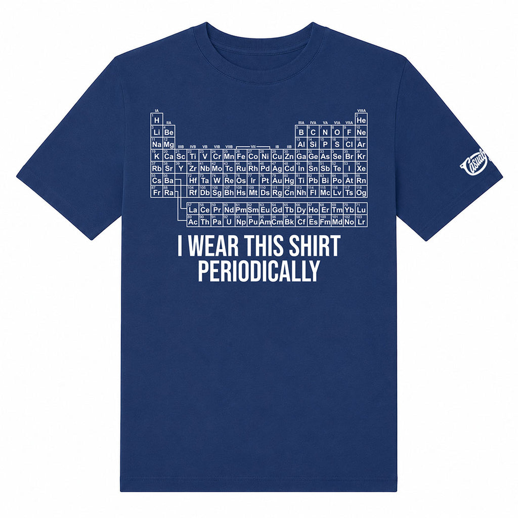 Navy blue t-shirt with periodic table design and text 'I wear this shirt periodically' on a white background