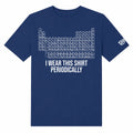 Navy blue t-shirt with periodic table design and text 'I wear this shirt periodically' on a white background