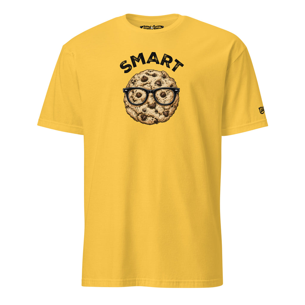 Graphic t-shirt in either yellow or gray with the word "Smart" on top and a chocolate chip cookie with glasses below. Smart Cookie