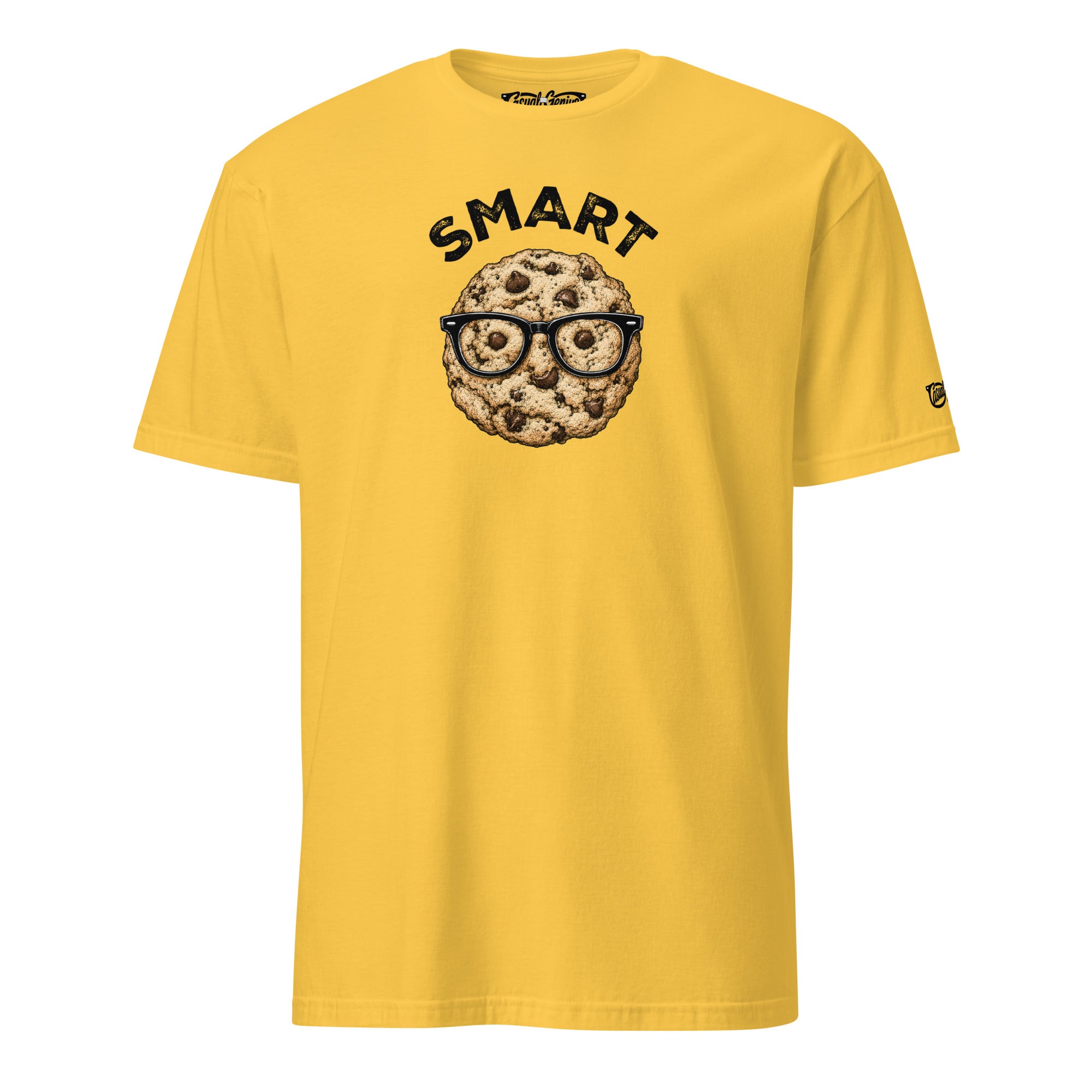 Graphic t-shirt in either yellow or gray with the word "Smart" on top and a chocolate chip cookie with glasses below. Smart Cookie