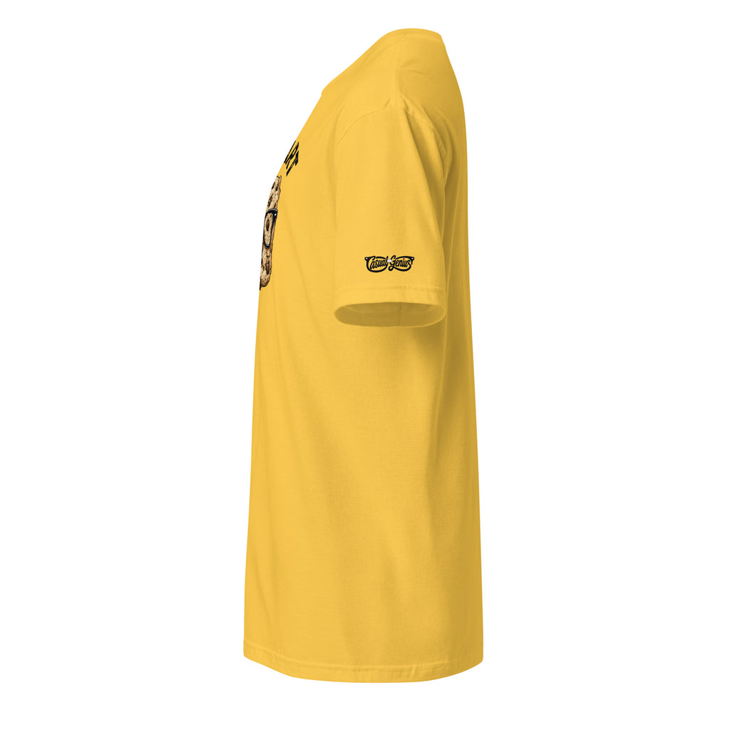 Side view of the yellow smart cookie shirt with the Casual Genius logo on the sleeve