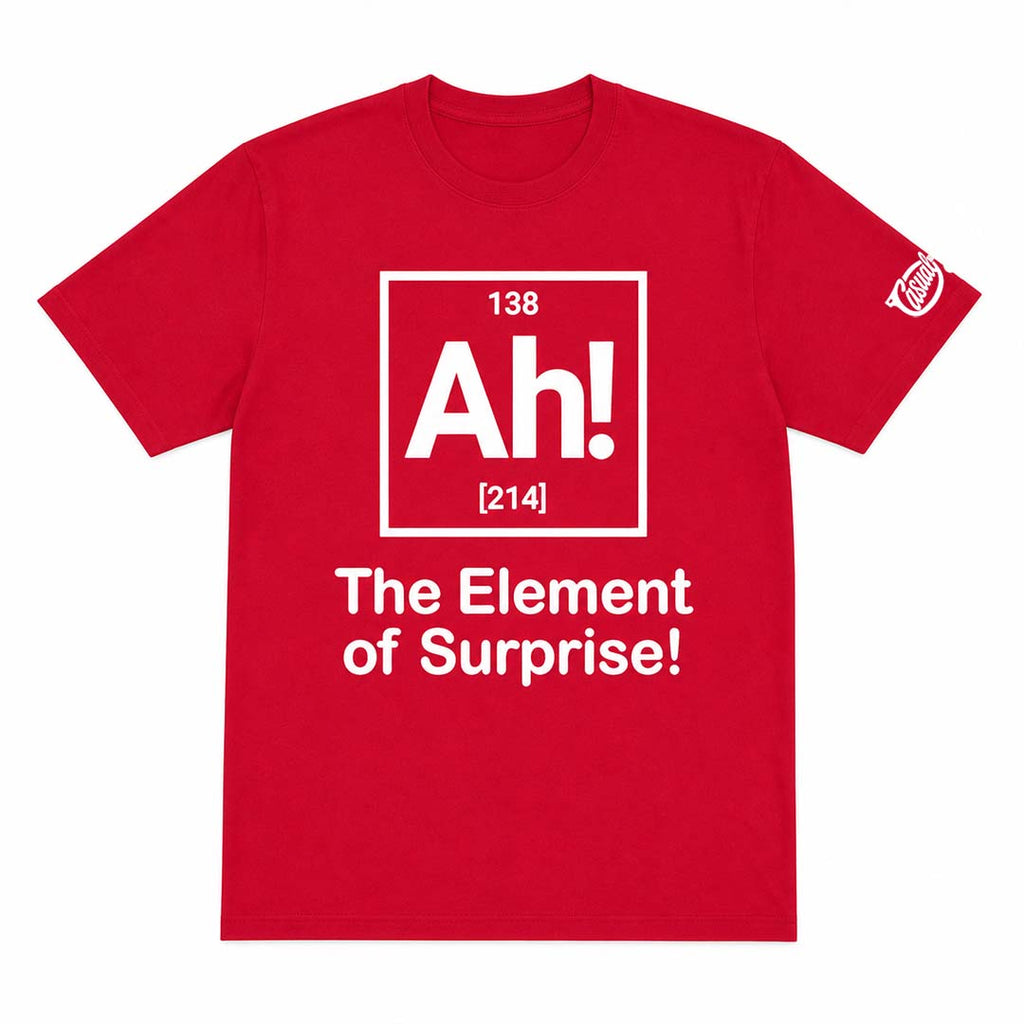 Red t-shirt with white text and design on a white background