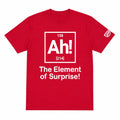 Red t-shirt with white text and design on a white background