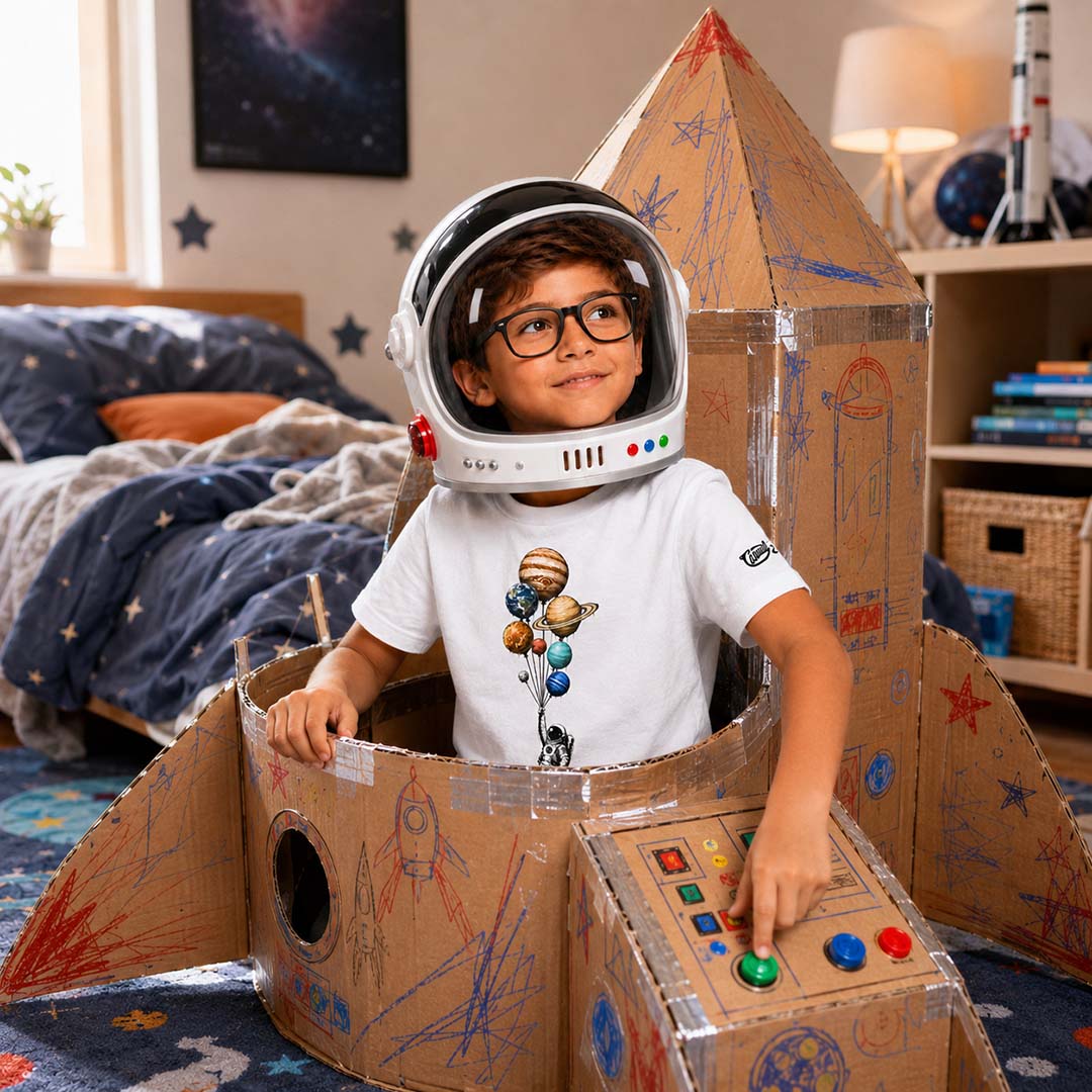 boy in cardboard rocket ship wearing white youth tee of banksy style astronaut being carried up by balloons that are planets