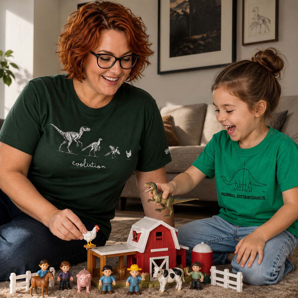Woman and child playing with toy farm set in a living room