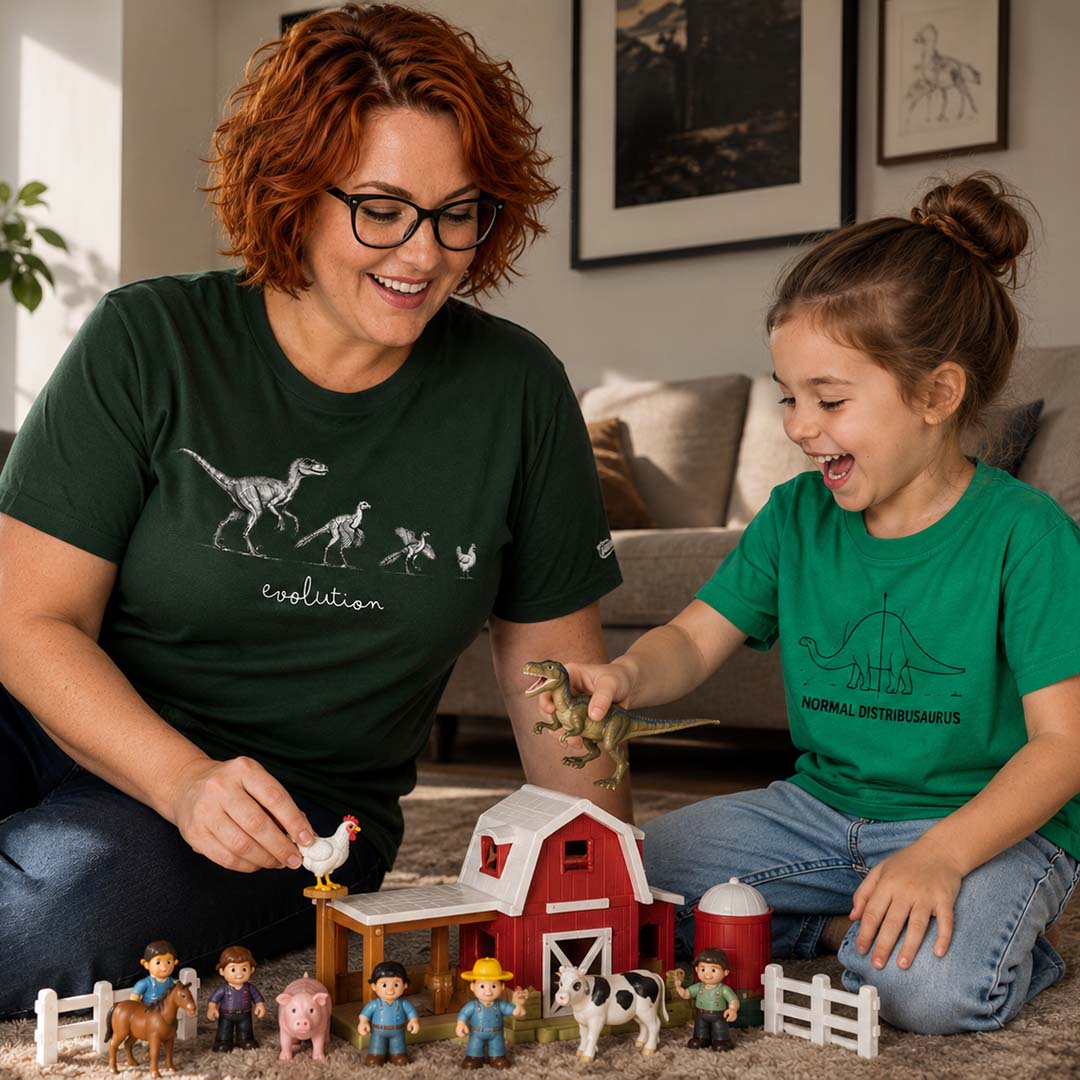 Woman and child playing with toy farm set in a living room