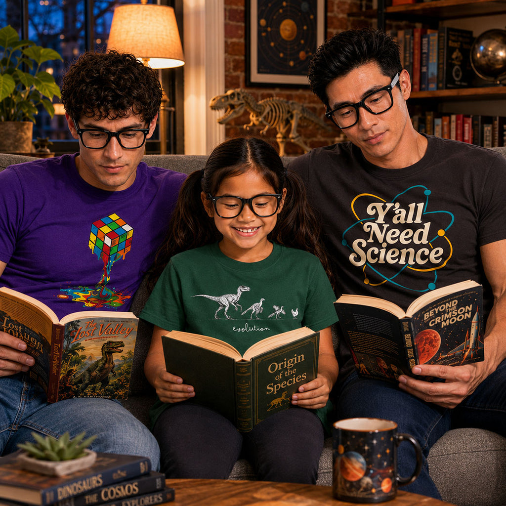 evolution from raptor dinosaur to chicken bird green youth cotton t-shirt reading science book with family