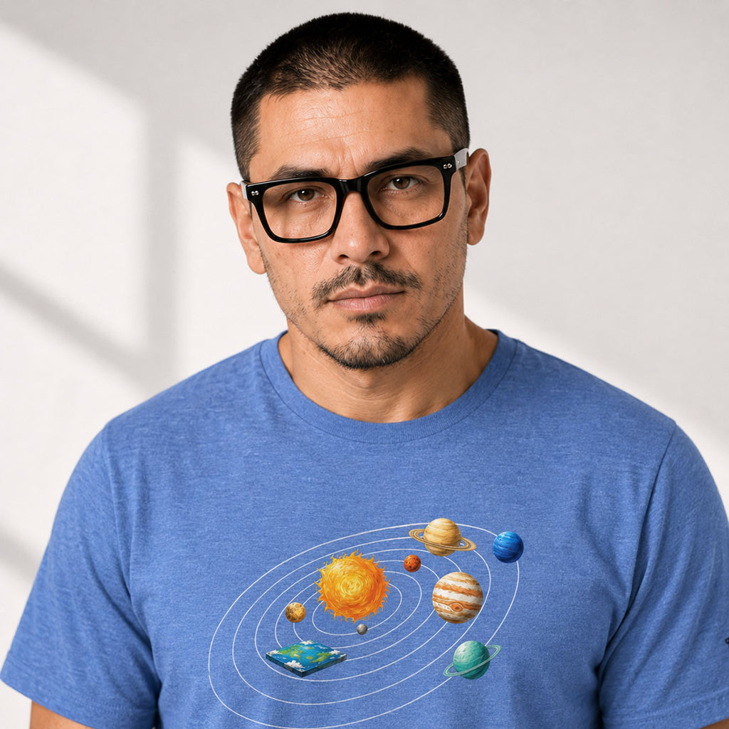 Man wearing a blue t-shirt with a solar system design on a white background