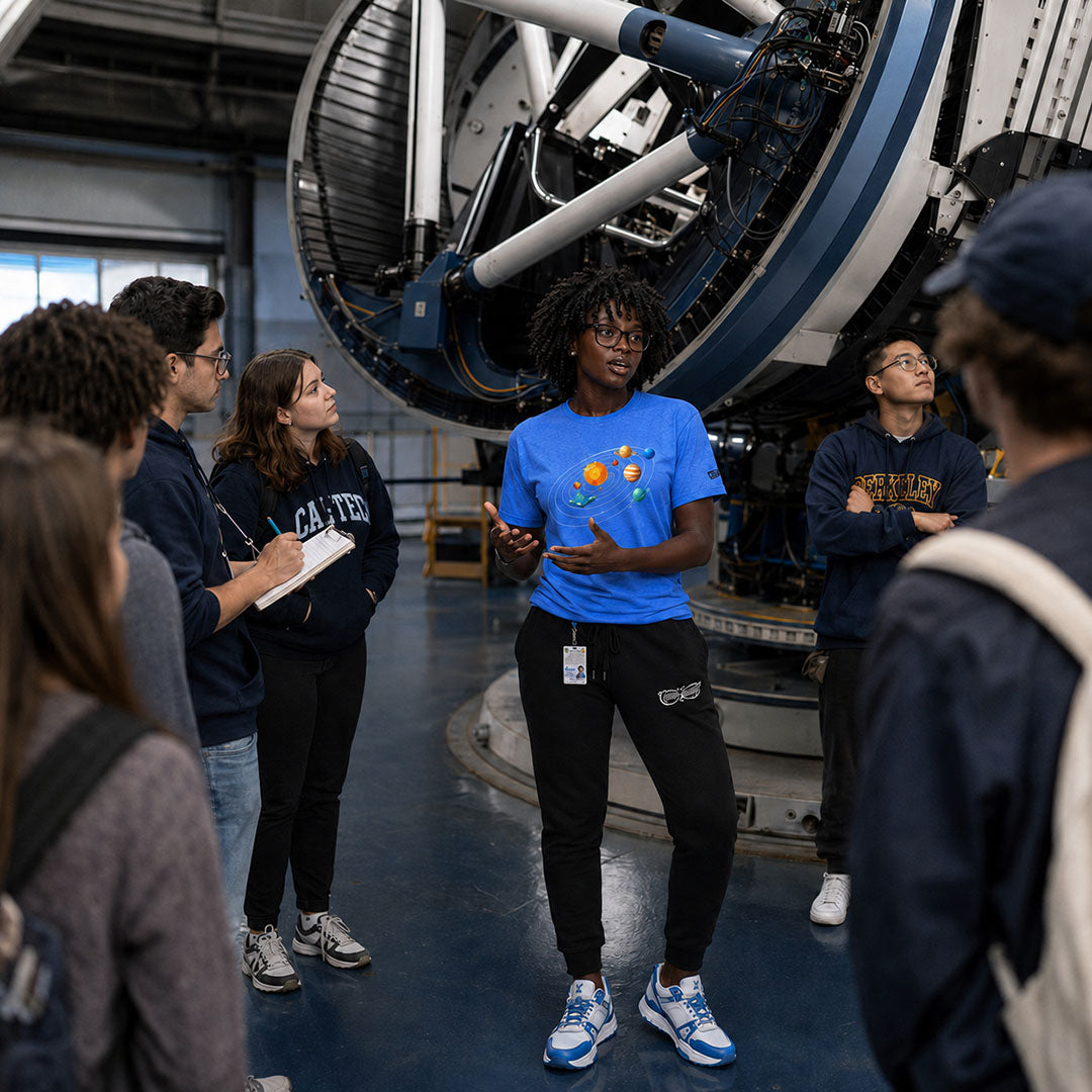 Group of people, including a person in a blue shirt with a solar system design, standing in front of a large telescope.