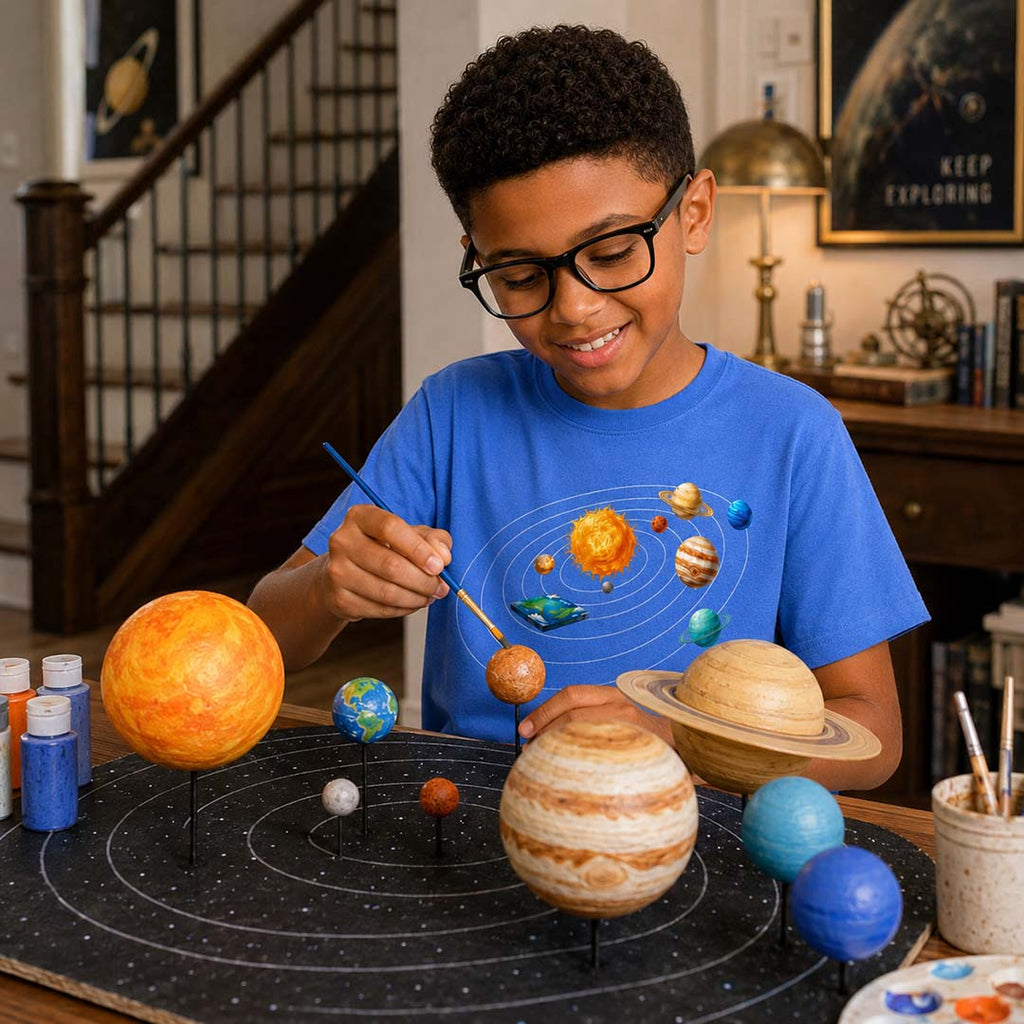 Child building a model of the solar system with planets on a table.