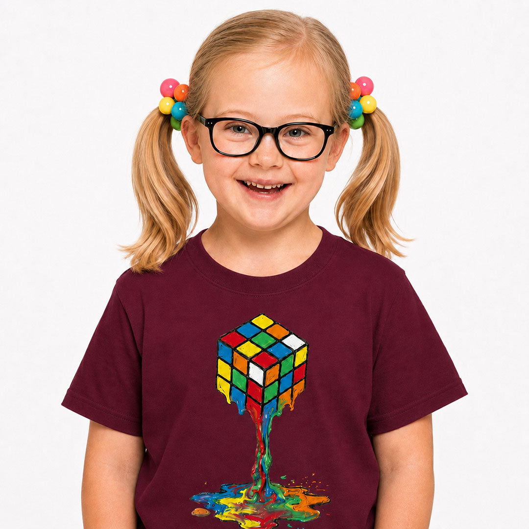 A young girl with blonde pigtails, black glasses, and colorful hair ties is smiling and wearing a maroon t-shirt with a dripping Rubik's cube graphic.