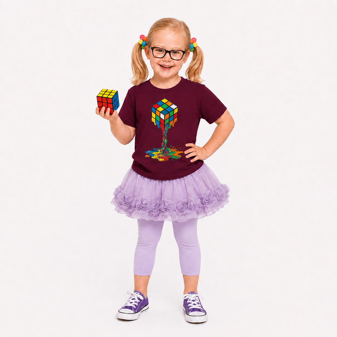 A young girl with blonde pigtails and glasses stands against a white background, wearing a dark maroon t-shirt with a colorful 3D cube graphic, a light purple ruffled tutu skirt, matching purple leggings, and purple sneakers. She is holding a small Rubik's cube.