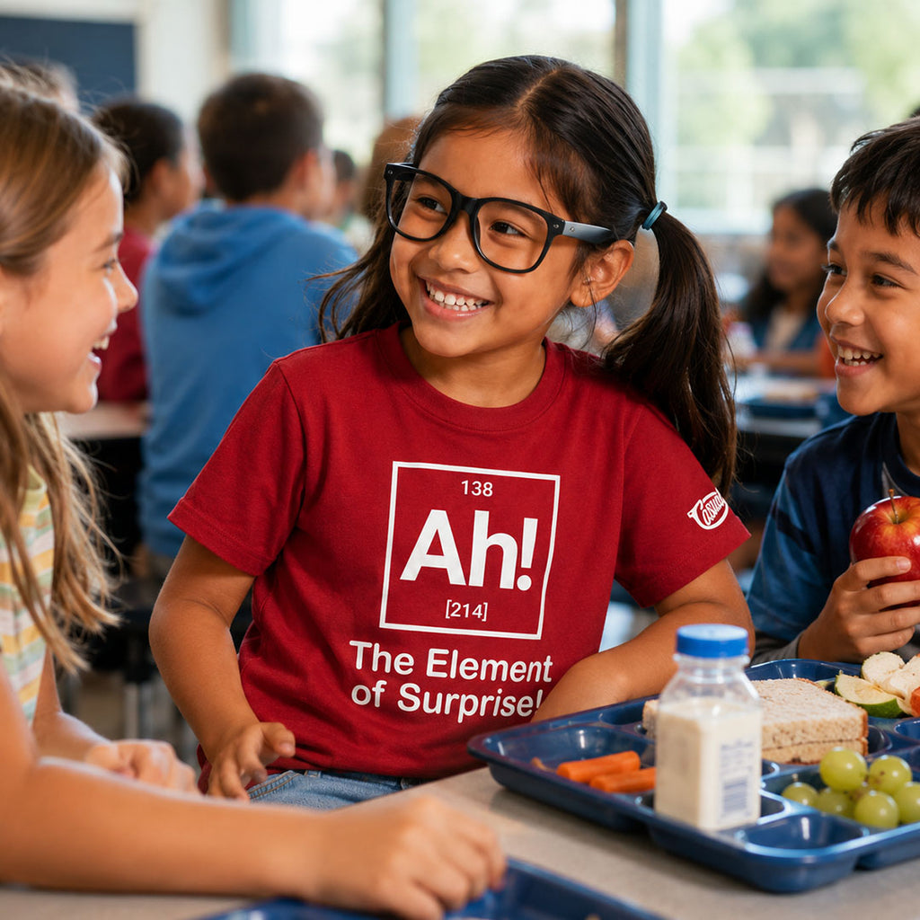 Children in a classroom setting with one wearing a red shirt with text
