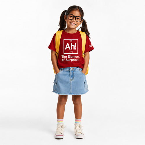 Young girl wearing a red t-shirt with a science-themed design and a denim skirt on a white background