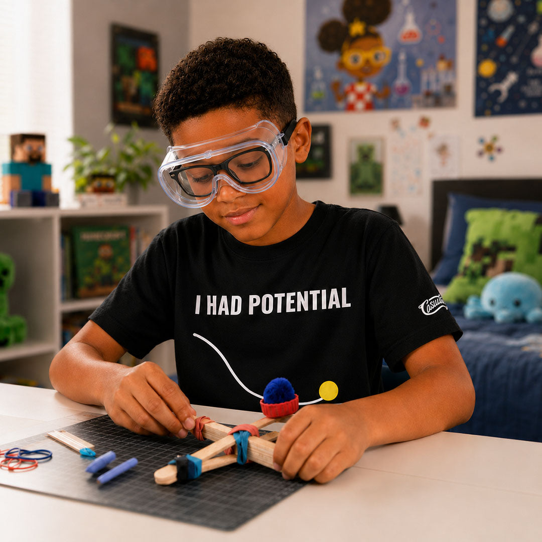 Child wearing safety goggles and a 'I Had Potential' shirt, working on a science project.
