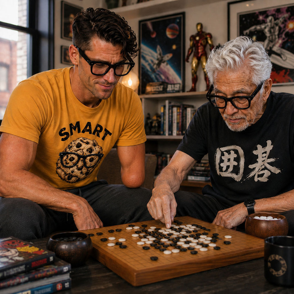 Two men sitting together at a coffee table playing a board game (Go) in a living room. The man on the left wears a mustard yellow graphic T-shirt with the word 'SMART' and a stylized face print, while the man on the right wears a black T-shirt with large white Japanese characters.