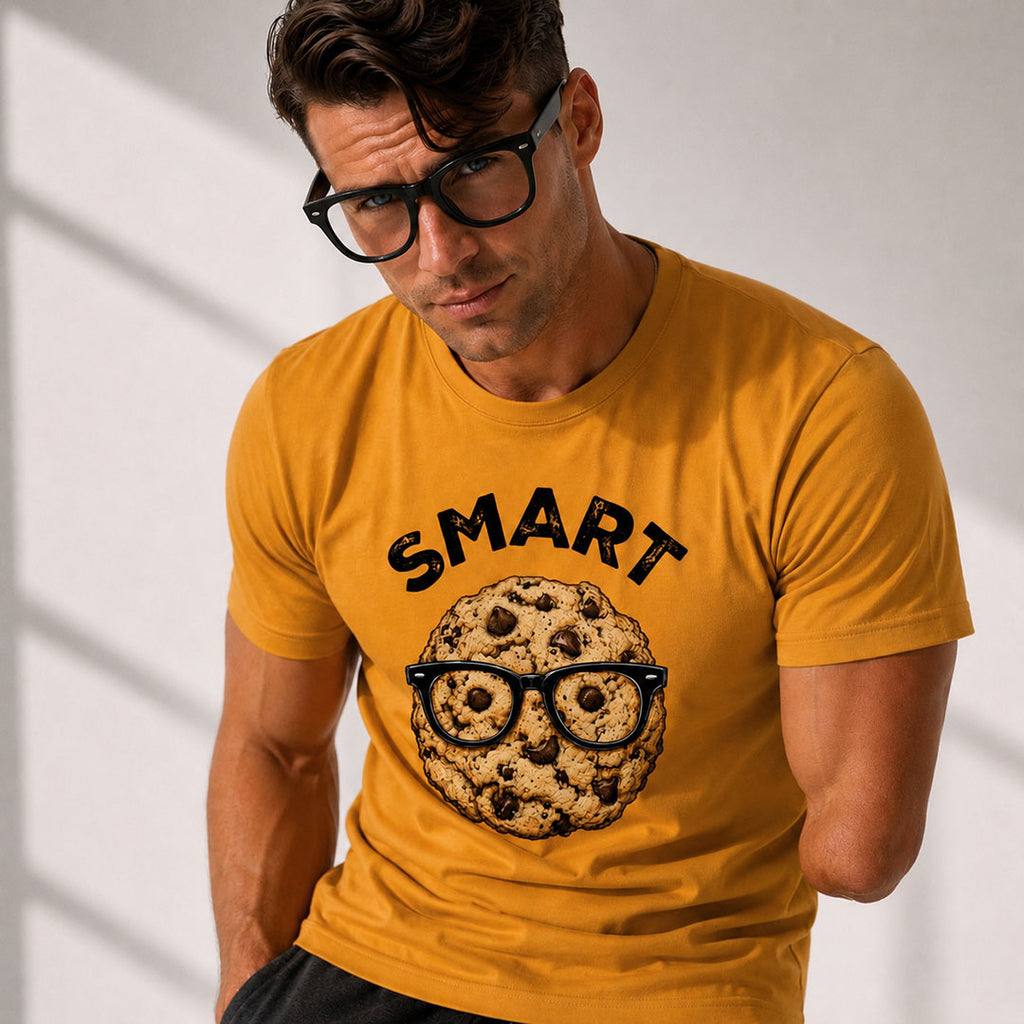 A man wearing a mustard yellow t-shirt with a graphic of a chocolate chip cookie wearing glasses and the word 'SMART' printed above it, set against a light gray wall with soft shadows.