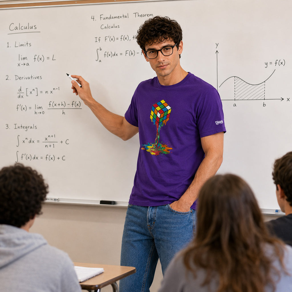 Person teaching calculus in a classroom with a whiteboard and students.