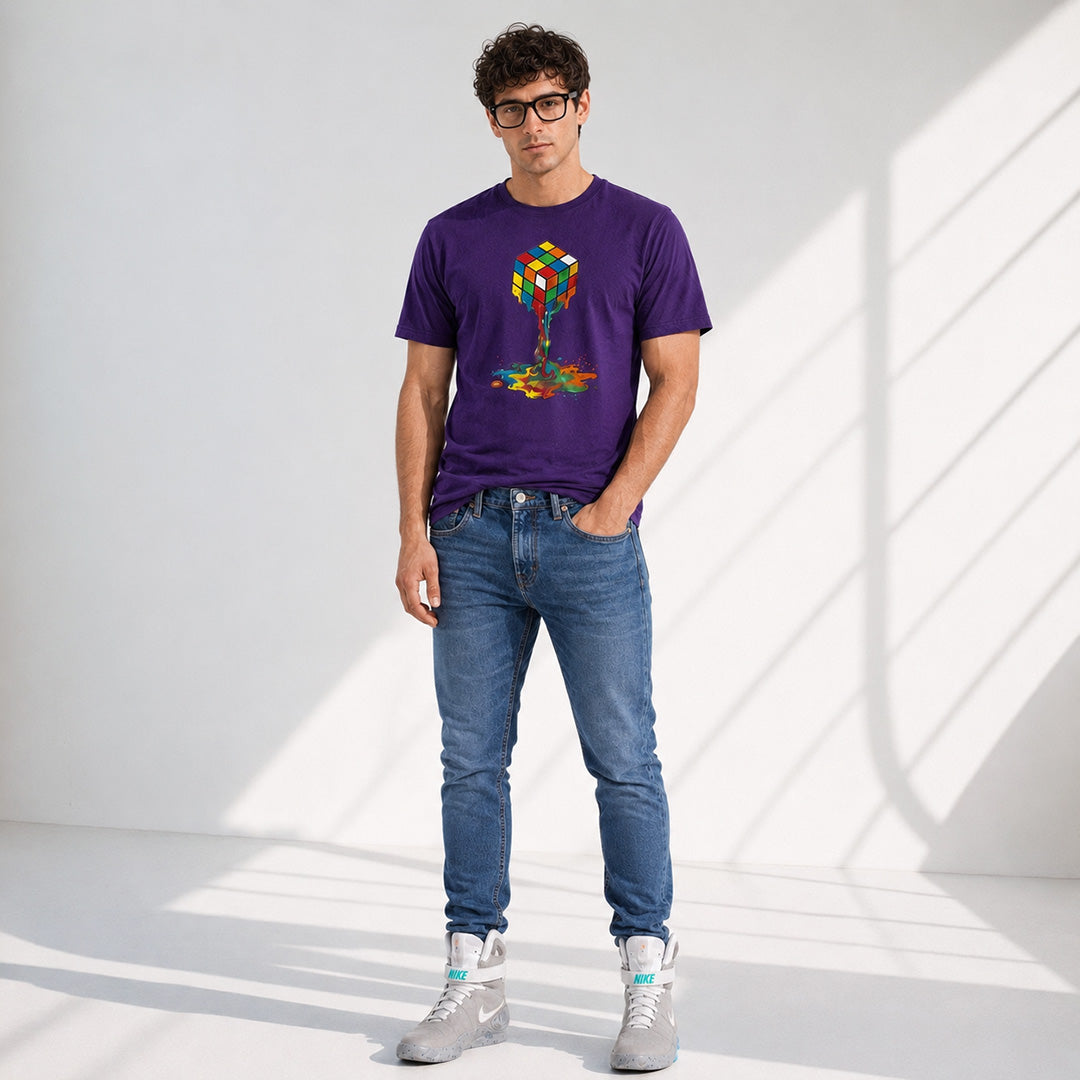Man wearing a purple t-shirt with a colorful design and blue jeans, standing against a white background.
