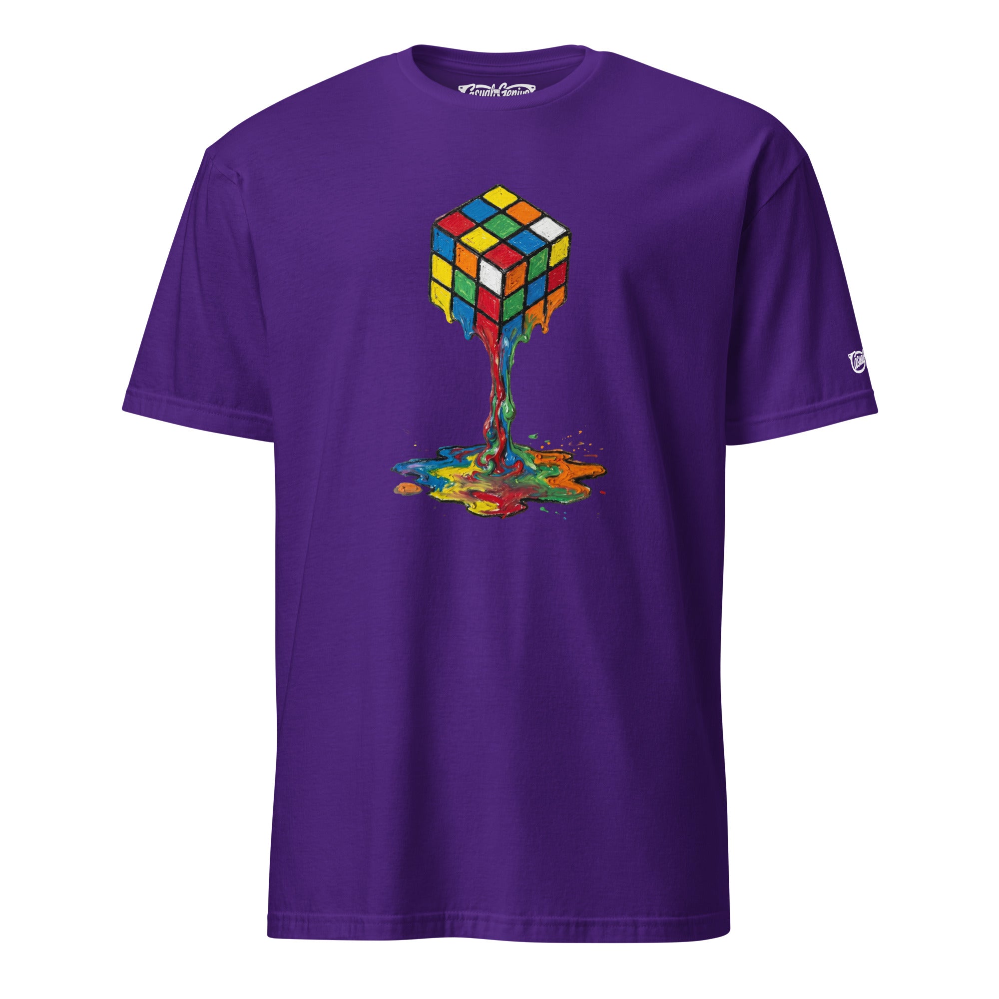 soft purple tshirt with a colorful melting rubik's cube design