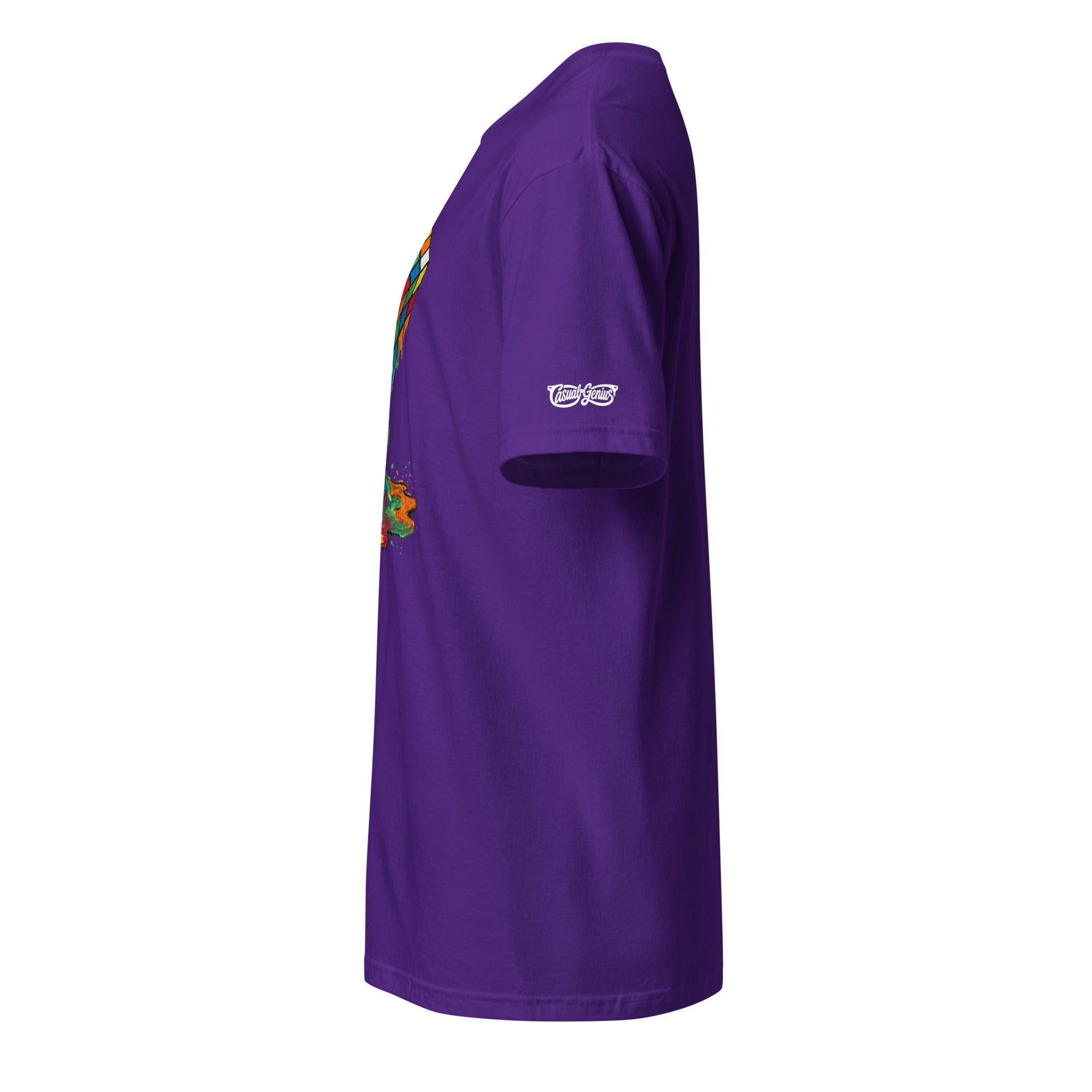 side view of soft purple tee with melting rubik's cube design and casual genius sleeve logo