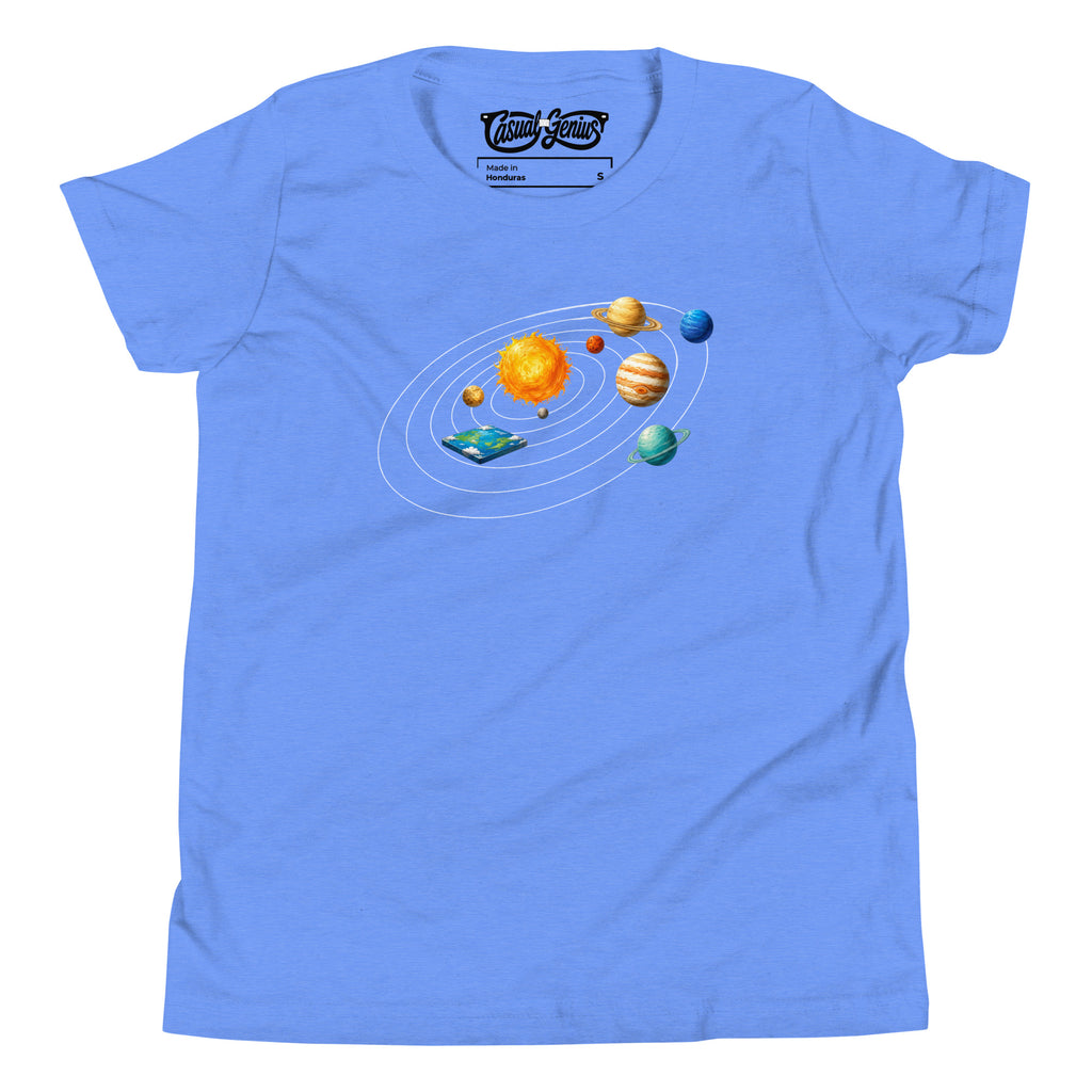 blue heather tee with solar system and flat earth