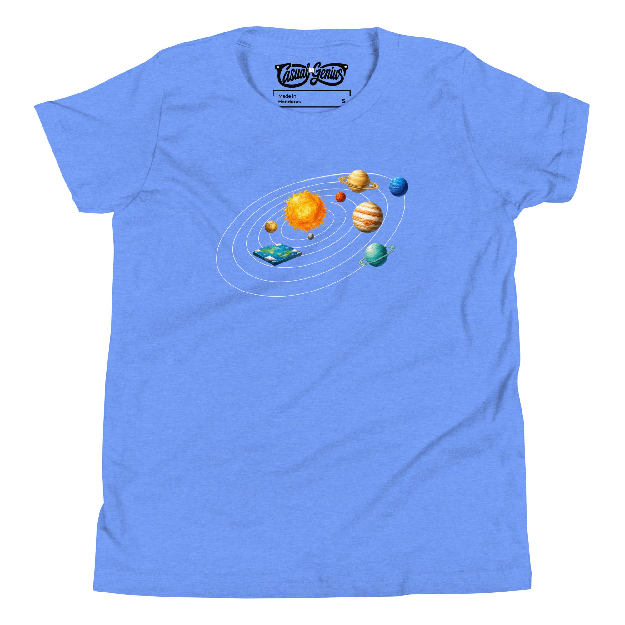 blue heather tee with solar system and flat earth
